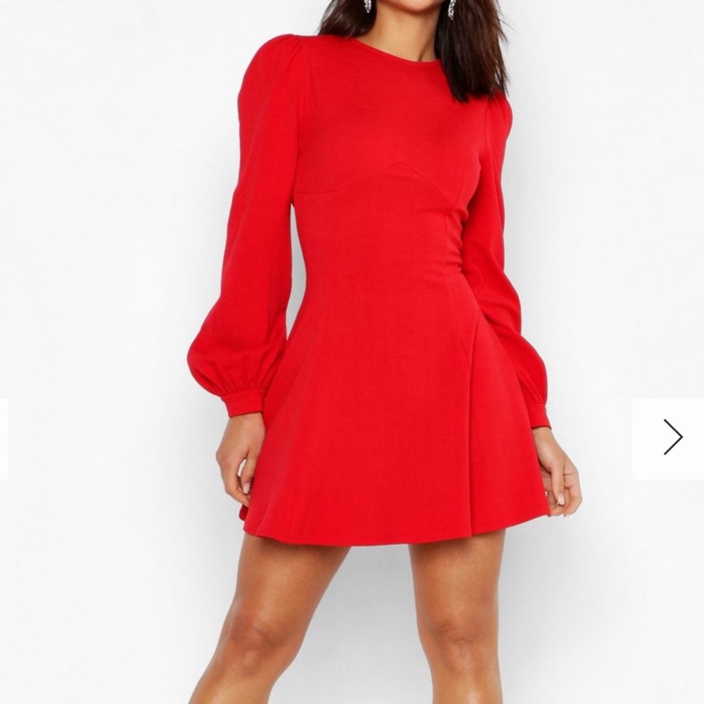 Red Blouson sleeve skater mini dress